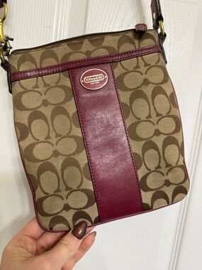 Coach Brown Canvas Crossbody with Burgundy Leather Stripe
